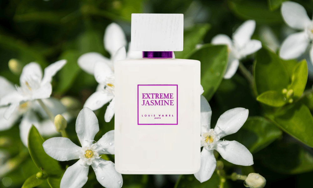 extreme jasmine layering Profumo Extreme Louis Varel, ideale per layering, bottiglia bianca su sfondo fiori di gelsomino